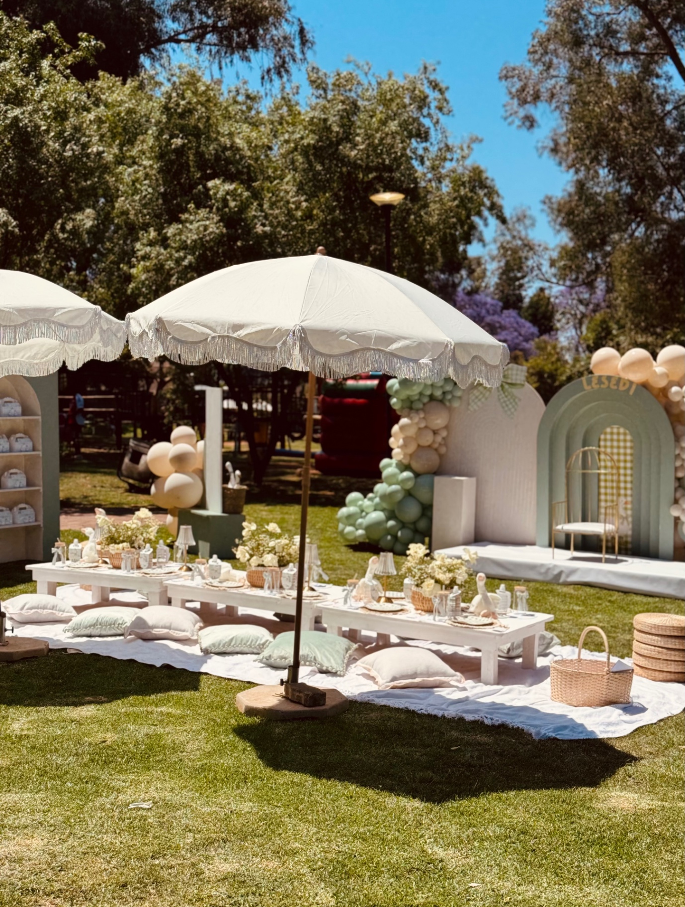 Full kiddies picnic setup with umbrellas, cushions and arch backdrops