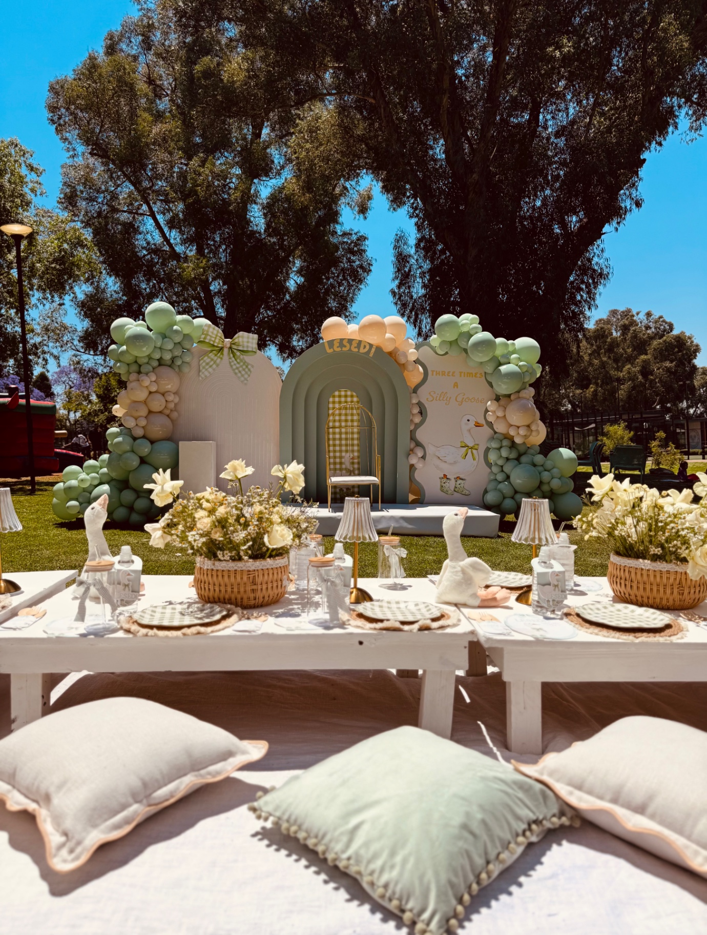 Kiddies picnic table with pastel balloon arch backdrop