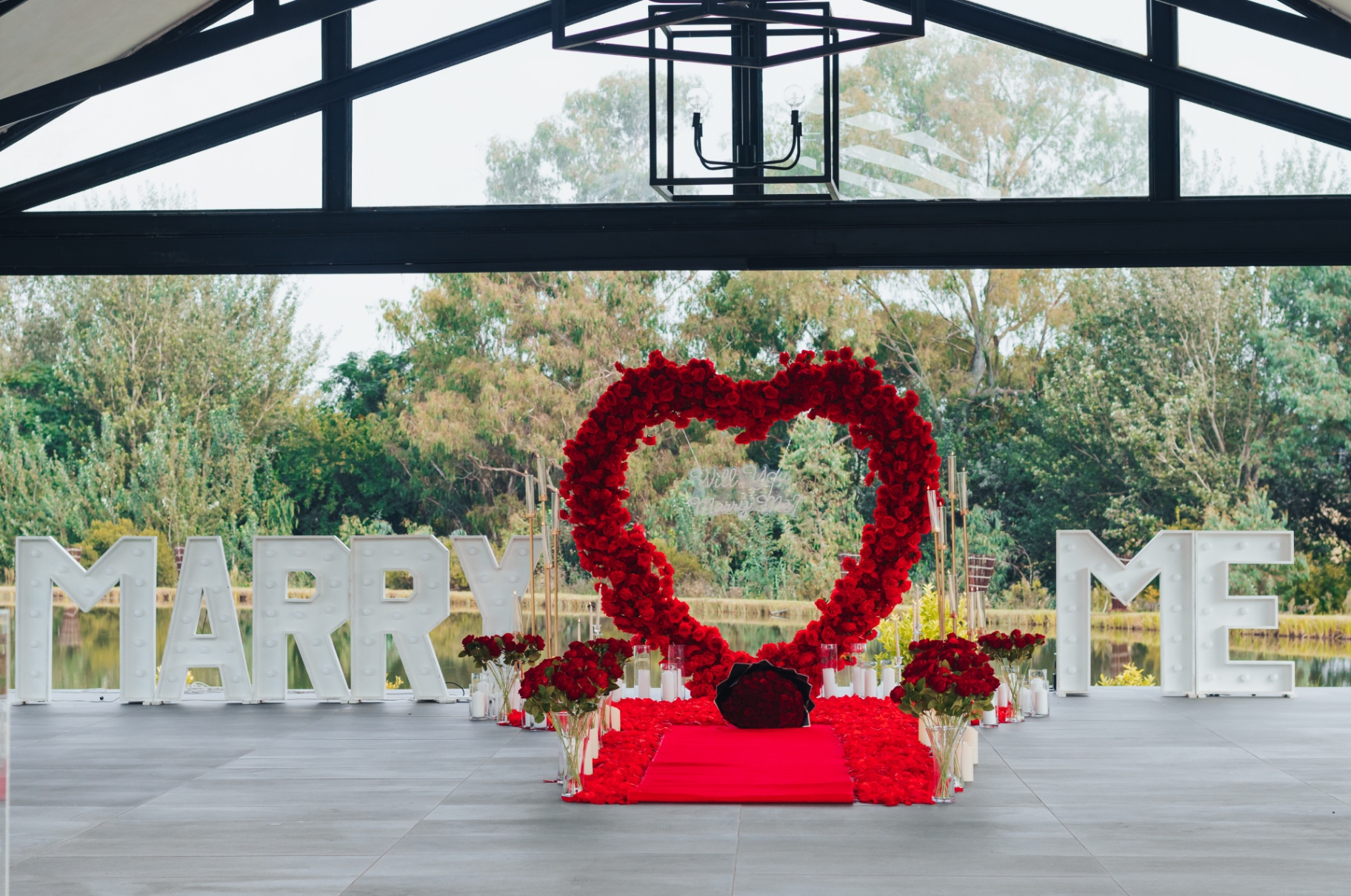 Forever Heart Proposal — MARRY ME letters, lakeside