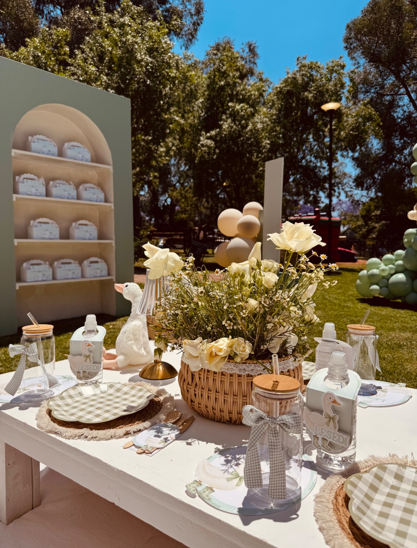 Kiddies picnic tablescape with gingham plates and floral basket